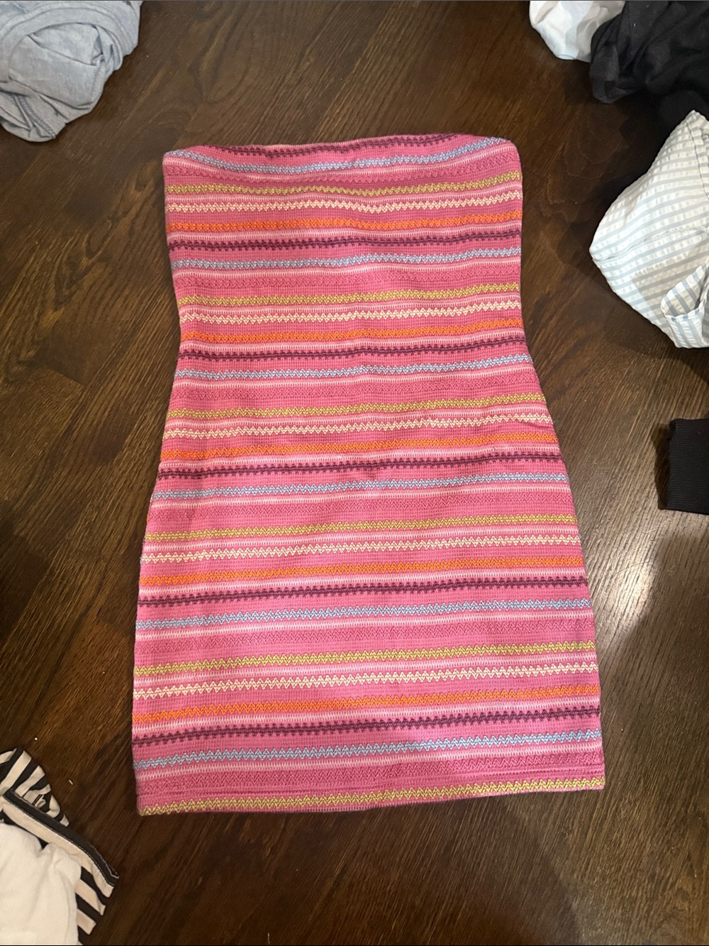 White Fox Boutique Pink Multicolor Striped Strapless Mini Dress